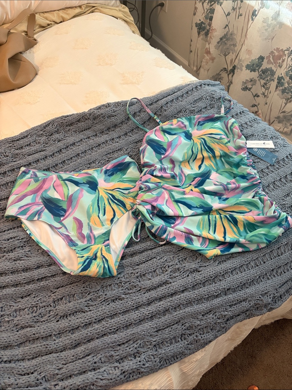 Caribbean Joe Teal, Pink, Yellow & Blue Leaf-Print Tankini Set